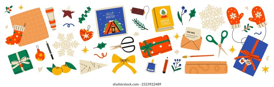 Christmas gifts and objects. Getting ready for Christmas. DIY present boxes in colorful wrappings with bows and branches. Flat vector illustrations isolated on white background.