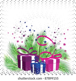Christmas gifts on the background of pine branches, stars and snow