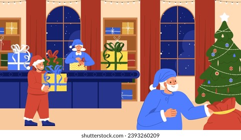 Christmas gifts on conveyor. New Year and winter holidays, Noel Eve. Boys and girls with gift boxes. Presents and surprises. Little helpers of santa claus. Cartoon flat vector illustration