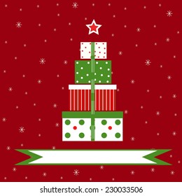 Christmas gifts on red snowy background with a sign for congratulations