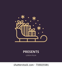 Christmas gifts on sleigh, new year presents packaging flat line icons. Winter holidays vector illustration, signs for celebration party.