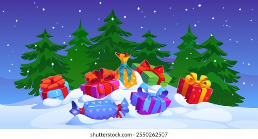 Christmas gifts on snow for New Year winter holiday, vector cartoon background. Christmas holiday night forest with fir or pine trees in snow with Santa gifts and presents in bag with ribbon wrapper