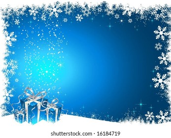 Christmas gifts on snowy background