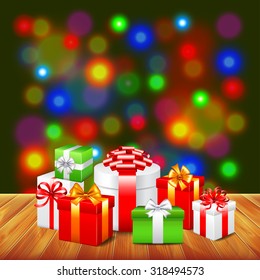 Christmas gifts on wooden table colorful background realistic vector