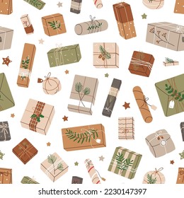 Christmas gifts pattern. Seamless background with Xmas present boxes in brown paper, kraft wrapping. Holiday craft surprises repeating print, texture design. Flat vector illustration for decoration