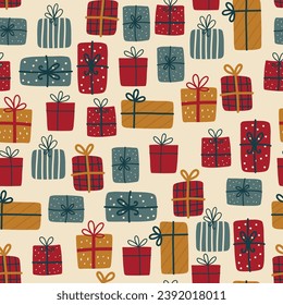 Christmas gifts pattern. Seamless background with Xmas present boxes.