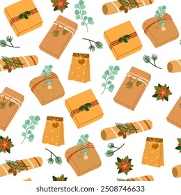 Christmas gifts pattern. Seamless background with Xmas present boxes in brown paper, kraft wrapping. Holiday craft surprises repeating print, texture design. Flat vector illustration for decoration