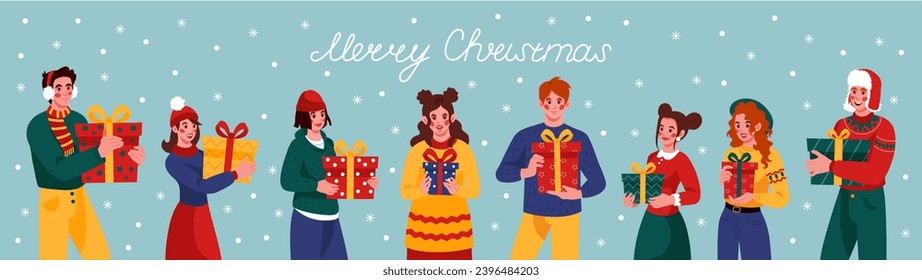 Christmas gifts. People give present box, happy man and woman together, characters exchange of stacks, happy persons. Winter holidays celebration. Vector tidy cartoon flat isolated xmas illustration