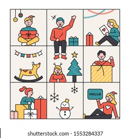 Christmas gifts and people in a square frame. People are greeting Christmas. flat design style minimal vector illustration.