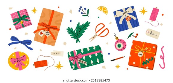 Conjunto de preparación de regalos de Navidad. DIY presentan cajas en coloridos envoltorios con arcos y ramas, tijeras, decoración. Ilustraciones vectoriales planas aisladas sobre fondo blanco.