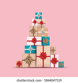 Christmas gifts or present colored boxes laid out in christmas tree shape isolated on pink background. Realistic vector illustration for christmas banner or flyer design.