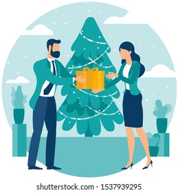 Christmas gifts and presents concept illustration of young people presenting New Year gift. Flat men and women standing near big Christmas tree with gift box.