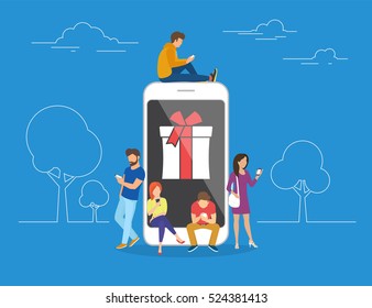 Christmas gifts and presents concept illustration of young people using mobile smartphone for searching gifts and purchasing. Flat men and women standing near big smartphone with gift box on screen