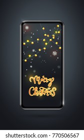 Christmas gifts and presents concept, using mobile smartphone for searching gifts and purchasing ,as well as the congratulations of friends . big smartphone with garlands and wishes on the screen.