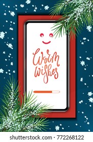 Christmas gifts and presents concept, using mobile smartphone for searching gifts and purchasing. big smartphone with branches of a Christmas tree and wishes on the screen.Vector illustration. Eps 10.