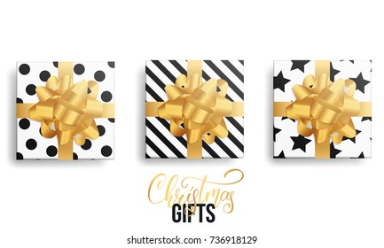 Christmas gifts. Realistic gift packages with gold bows and trendy winter patterns