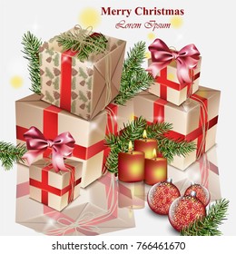 Christmas gifts realistic Vector. Merry Christmas card decor