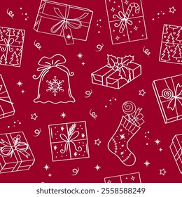 Christmas gifts red background. New Year packaging. Seamless pattern for fabric, wallpaper, print, wrapping. Vector set of doodle elements. 