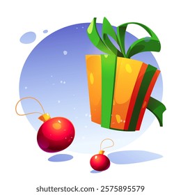 Christmas gifts, red glass balls. Set of illustrations, icons of winter holiday elements. Vector cartoon illustrations.