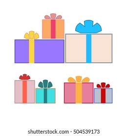 Christmas gifts ribbons icons set. Giftbox color signs decoration, isolated on white background. Flat design. Symbol of New Year celebration, presents, surprise, Xmas, holiday. Vector illustration