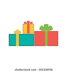 Christmas gifts ribbons icons set. Giftbox color signs decoration, isolated on white background. Flat design. Symbol of New Year celebration, presents, surprise, Xmas, holiday. Vector illustration