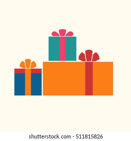Christmas gifts ribbons icons set. Giftbox color signs decoration, isolated on white background. Flat design. Symbol of New Year celebration, presents, surprise, Xmas, holiday. Vector illustration