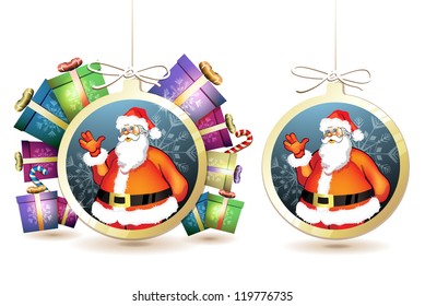 Christmas with gifts and Santa in hanging ball shape on white background