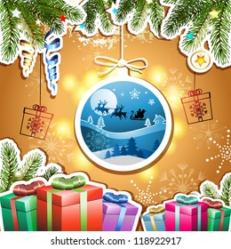 Christmas with gifts and Santa sleigh