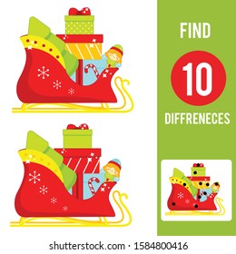 Christmas gifts in santa sleigh. Find the differences educational children game. Kids activity fun page. New Year holidays theme.