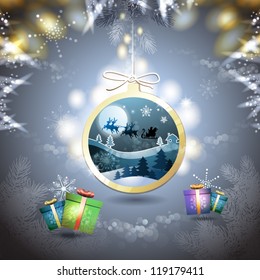Christmas with gifts and Santa sleigh in hanging ball shape
