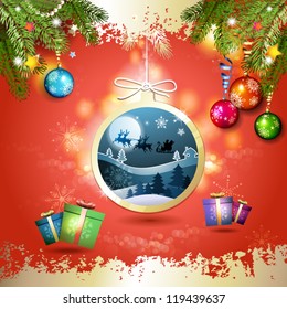 Christmas with gifts and Santa sleigh in hanging ball shape