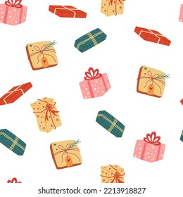 Weihnachtsgeschenke nahtlos Muster. Farbige Garage für Innendekoration, Urlaub und Neujahr. Perfekt für Tapete, Scrapbooking und Drucke. Vektorgrafik 