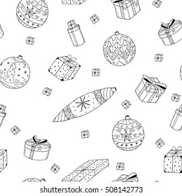 Christmas gifts seamless pattern in doodle style.Hand drawn vector illustration.