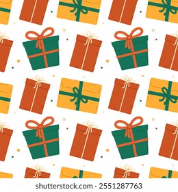 Christmas gifts seamless pattern. Flat vector illustration