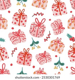 Christmas gifts seamless pattern. Hand drawn presents with holly berries and mistletoe on white background. Vintage ornament for wrapping paper.