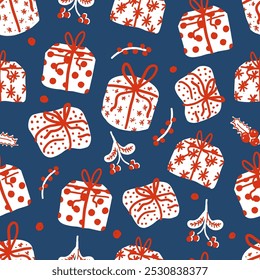 Christmas gifts seamless pattern. Hand drawn presents with holly berries and mistletoe on blue background. Vintage ornament for wrapping paper.