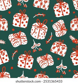 Christmas gifts seamless pattern. Hand drawn presents with Christmas plants on green background. Vintage ornament for wrapping paper.