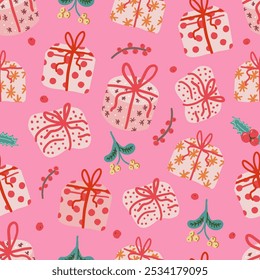 Regalos de Navidad sin patrón. Regalos dibujados a mano con bayas de acebo y muérdago sobre fondo rosa. Adorno de Antiguas para papel de regalo.