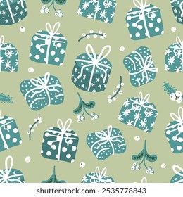 Christmas gifts seamless pattern. Hand drawn presents with holly berries and mistletoe on green background. Vintage ornament for wrapping paper.
