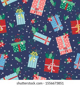 Christmas gifts seamless pattern with leaves, flowers and snow background