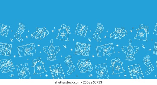 Regalos de Navidad sin patrón. Año Nuevo presenta sobre fondo azul.  Plantilla de Anuncio de Vector con Elementos doodle lindos. 