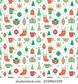 Christmas gifts seamless pattern. Red green backdrop with ornate xmas mugs, gift boxes, mittens, Santa's socks, fir trees, toys and snowflakes. EPS 10 vector background.