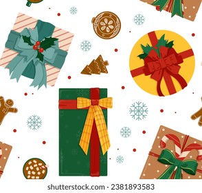 Christmas gifts seamless pattern. Repeating design element for printing on fabric. Gifts and presents in wrapping papers. Winter holidays and New Year, Noel. Cartoon flat vector illustration