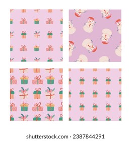 Christmas gifts seamless pattern set. Festive trendy decorative gift boxes. Hand drawn modern vector texture