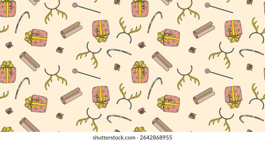 Christmas gifts seamless pattern. Sugar cane, lollipop, presents, deer antlers and cinnamon sticks tossed allover the light isolated background.