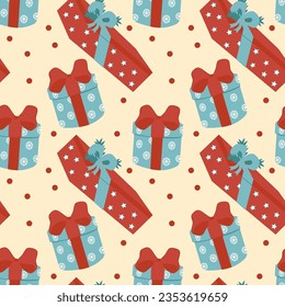 Christmas gifts seamless pattern. Vector, flat style. Perfect for textile, wallpaper or print design.