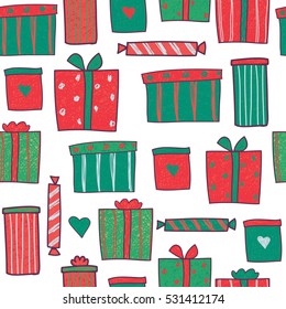 Christmas gifts seamless pattern. Vector holiday background, Bright texture for printing, wrapping, decor, etc