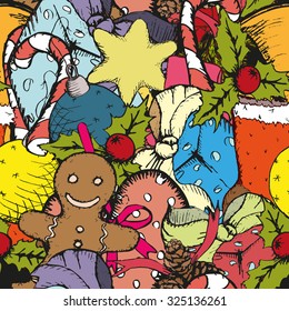 Christmas gifts seamless vector pattern. Hand drawn illustration of Christmas ornaments.