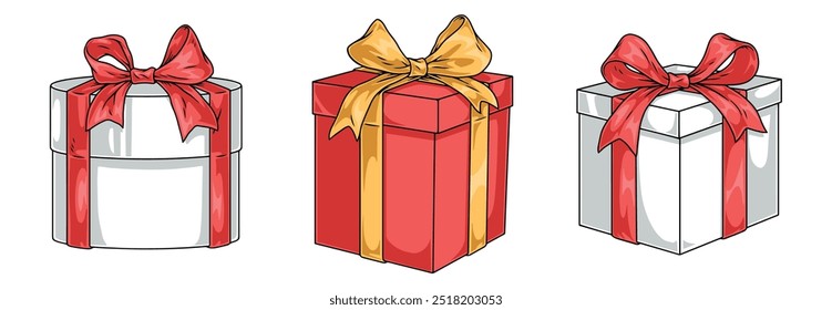 Christmas gifts set emblems colorful with beautiful boxes for Childrens new years gifts decorated with large bows vector illustration