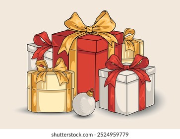 Christmas gifts set emblems colorful with boxes tied with beautiful ribbons and ball to decorate New Year tree vector illustration